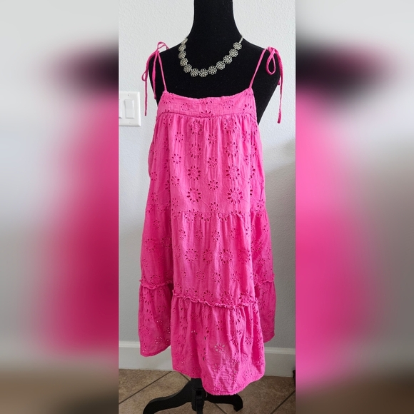Altar'd State Dresses & Skirts - Altar'd State Pink Eyelet Tie Strap Mini Dress Women’s Large Boho